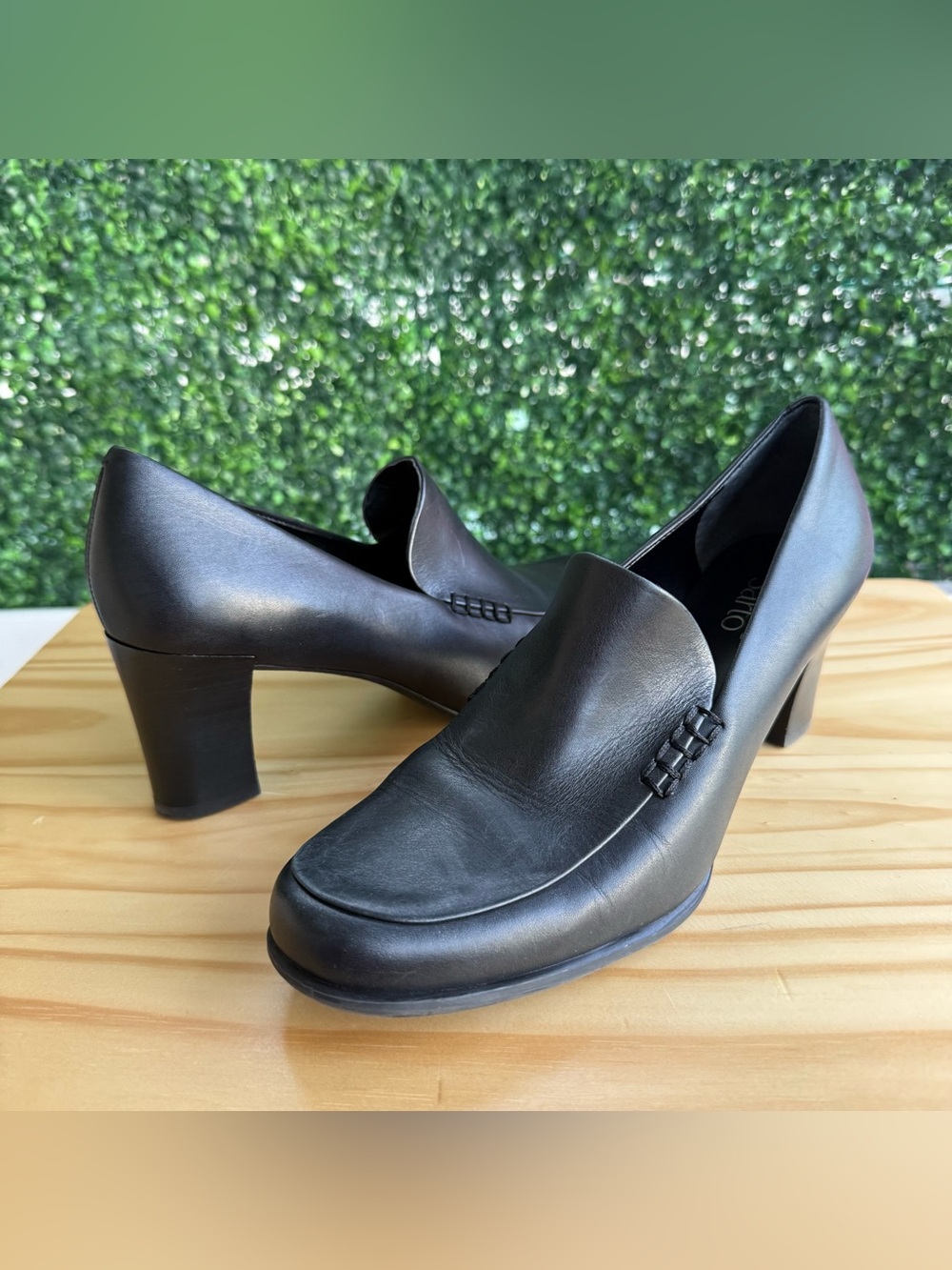 Franco Sarto Women’s 8.5 Black Leather Loafer Pumps Block Heel Career Shoes